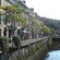 People dining and strolling alongside a tree lined canal